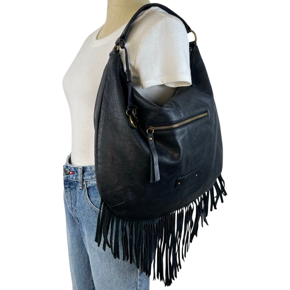 Lucky Brand Black Genuine Leather Western Fringe Hobo Purse Bag